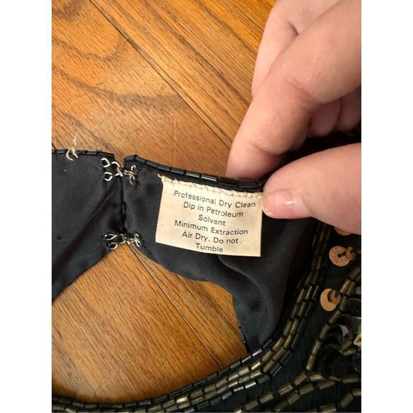 Vintage 80s Laurence Kazar Black Gold Cocktail Silk Sequin Beaded Midi Dress - Picture 4 of 10